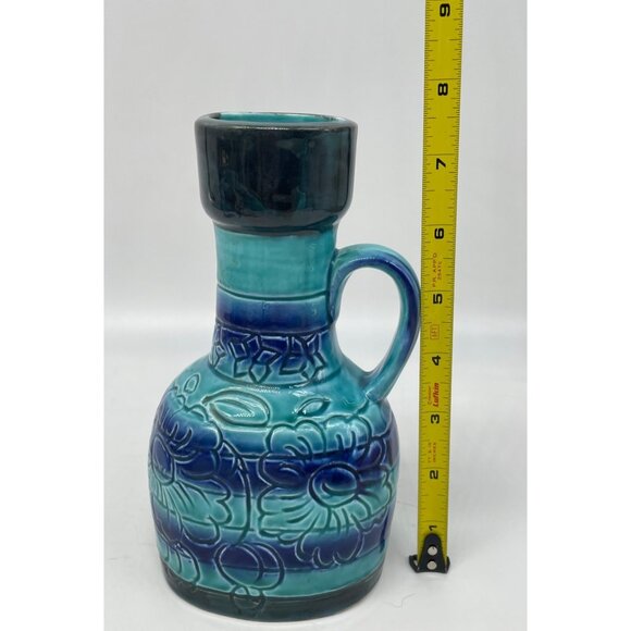 MCM Japan Turquoise & Cobalt Blue Floral Ceramic Pitcher Vase 7.5" With Handle - Picture 8 of 11